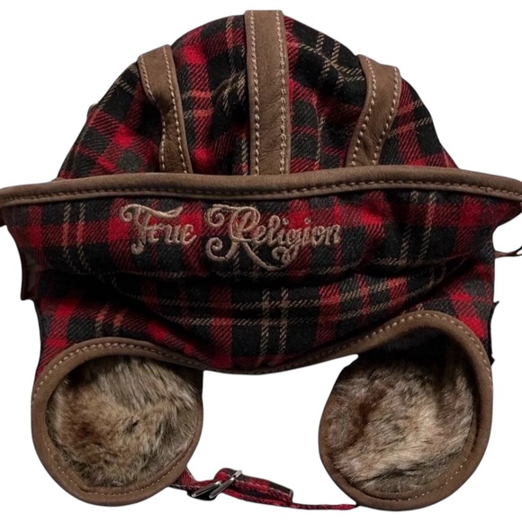 True Religion Red Plaid Trapper Hat with Chinstrap - Picture 3 of 12